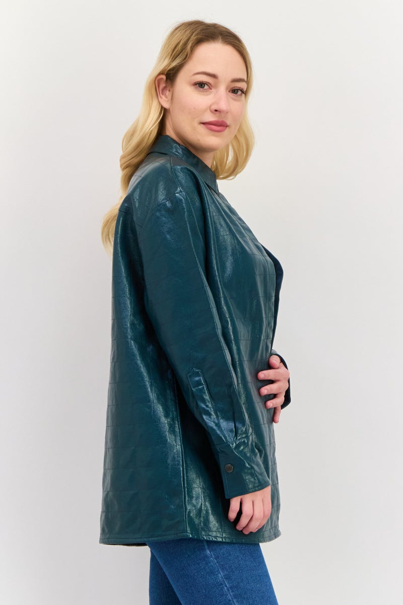 4th & Reckless قميص نسائي بأكمام طويلة وياقة منتشرة، تركواز داكن - Image 2